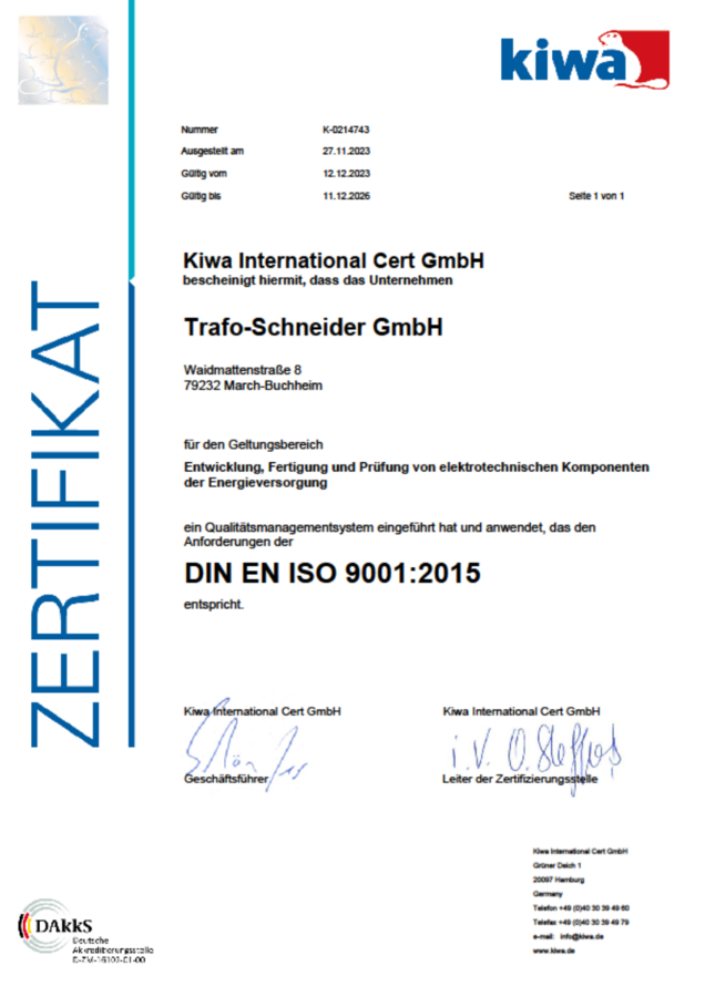 Trafoschneider DIN EN ISO 9001